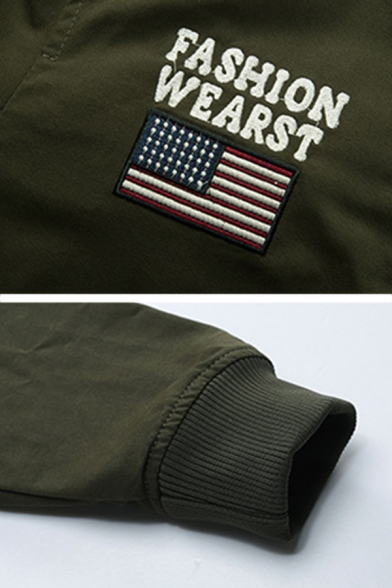 Mens Fashion Army Green Chic Letter Logo Printed Stand Collar Epaulets Decoration Long Sleeve Zip Up Bomber Jacket