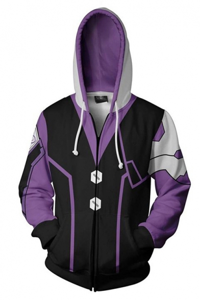 Mens Fashion Game Cosplay Long Sleeve Zip Up  Black and Purple Drawstring Hoodie