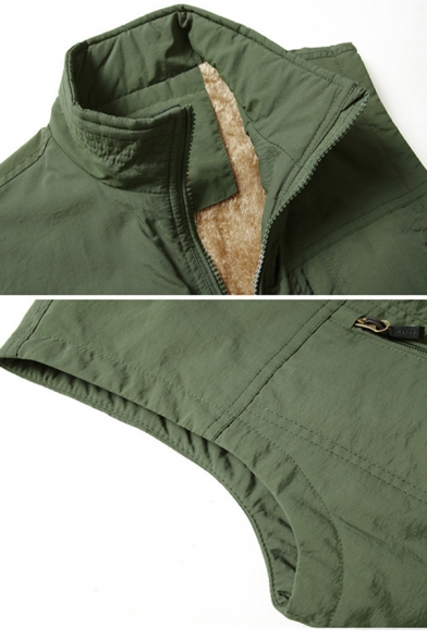 Mens Fashion Solid Army Green Stand Up Collar Zip Placket Flap Pocket Thick Casual Outdoor Vest
