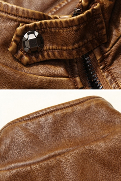 Mens Fashionable Brown Long Sleeve Stand Collar Zip Closure PU Leather Biker Jacket