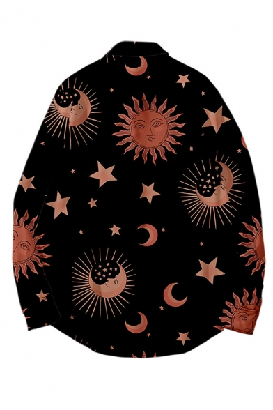 Mens Fashionable Cartoon Moon Star Pattern Long Sleeve Single Breasted Oversized Shirt