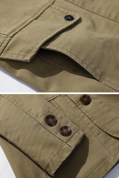 Mens Fashionable Plain Khaki Lapel Collar Button Down Casual Shirt Jacket