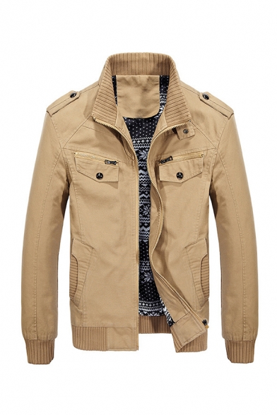 Mens Stylish Plain Stand Collar Long Sleeve Epaulets Decoration Zipper Casual Utility Jacket Coat
