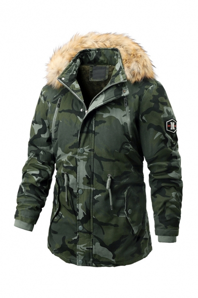 Mens Winter Popular Camouflage Pattern Fur Trimmed Hood Long Sleeve Drawstring Waist Split Back Longline Parka Coat