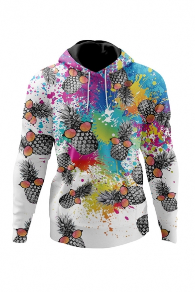 Pineapple with Glasses Colorful Splatter Paint Long Sleeve Casual Drawstring Hoodie