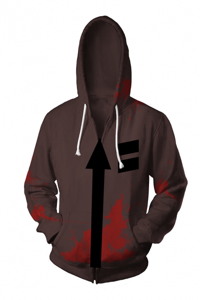Popular Game Cosplay Costume Bloody Arrow Pattern Zipper Long Sleeve Brown Drawstring Hoodie