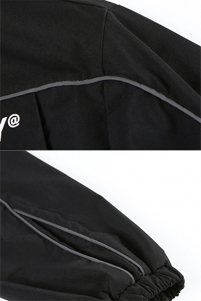 Reflective Stripe Letter I AM HOTTY Print Long Sleeve Single Breasted Drawstring Hem Black Denim Crop Jacket