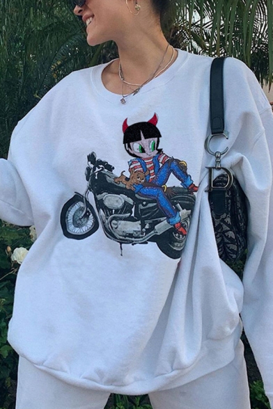 White Cartoon Girl and Motorcycle Printed Long Sleeve Loose Fit Pullover Sweatshirt