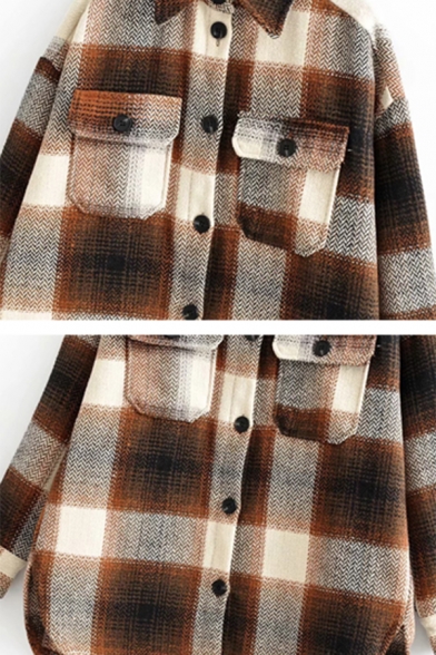 Winter Stylish Plaid Long Sleeve Single Breasted Curved Hem Loose Woolen Shirt Jacket Coat with Flap Pocket