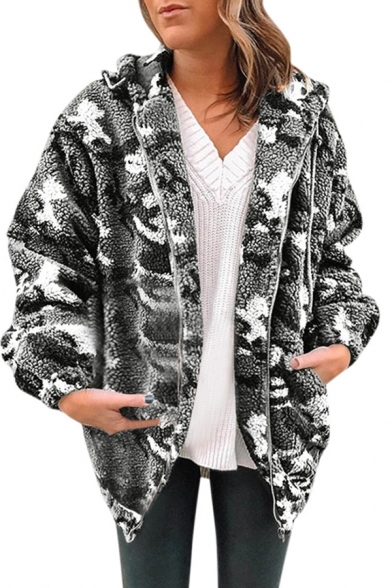 Winter Warm Camo Printed Long Sleeve Zip Up Oversized Lamb Wool Drawstring Hooded Coat Jacket