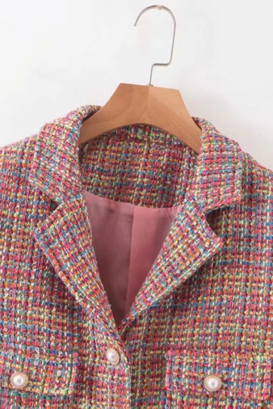 Winter Womens Chic Pink Pearl Embellished Lapel Collar Long Sleeve Short Woolen Coat Blazer