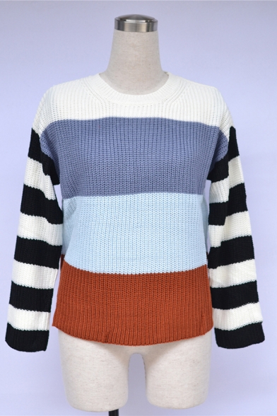 Womens Casual Streetwear Striped Long Sleeve Crew Neck Boxy Pullover Sweater Top