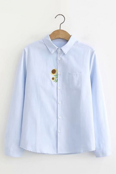 Womens Chic Sunflower Embroidery Lapel Collar Button Down Long Sleeve Loose Fit Casual Shirt