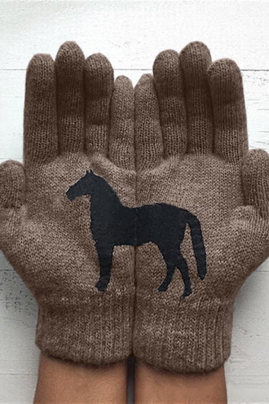 Womens Creative Horse Pattern Outdoor Warm Knitted Gloves