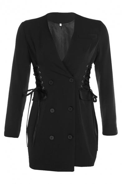 Womens Elegant Long Sleeve Side Tied Double Breasted Plain Black Longline Blazer Coat with Pocket