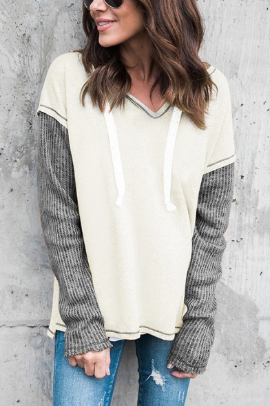 Womens Exclusive Two Tone V-Neck Long Sleeve Side Split False Two Piece Panel Oversized Pullover Hoodie