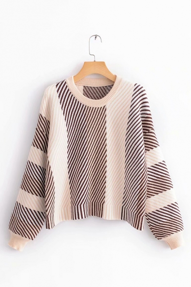 Womens Fashion Diagonal Stripes Printed Long Sleeve Crew Neck Casual Knitted Pullover Sweater