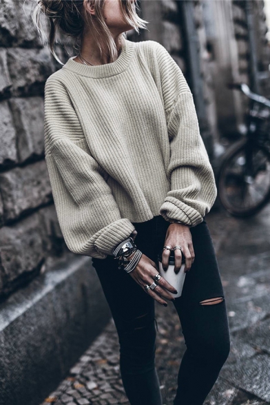 Womens Fashion Khaki Plain Balloon Long Sleeve  Round Neck Loose Casual Pullover Sweater