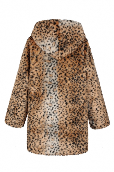 Womens Fashion Leopard Printed Long Sleeve Open Front Hooded Longline Faux Fur Coat