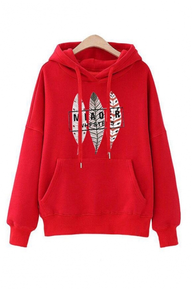 Womens Fashionable MIAOER Letter Leaves Printed Long Sleeve Pouch Pocket Casual Drawstring Hoodie