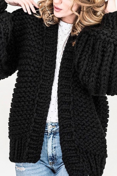 Womens Fashionable Solid Color Lantern Long Sleeve Open Front Chunky Knitted Oversized Cardigan Coat