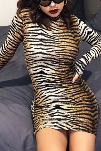 Womens Popular Leopard Tiger Printed Long Sleeve Mock Neck Mini Bodycon Dress