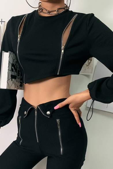 Womens Sexy Black Drawstring Cuff Asymmetric Hem Zipper Embellished Cropped Pullover Sweatshirt