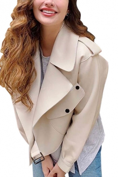 Womens Simple Plain White Notched Lapel Collar Long Sleeve Tied PU Leather Short Jacket