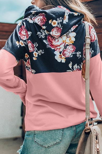 Womens Stylish Flower Pattern Patch Long Sleeve Kangaroo Pocket Drawstring Hoodie in Pink