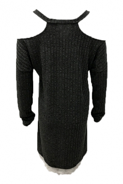 Womens Stylish Plain V Neck Cold Shoulder Long Sleeve Lace Trim Casual Loose Mini Dress