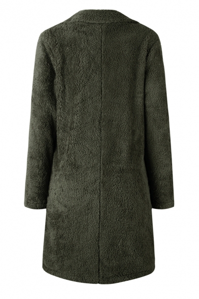 Womens Warm Solid Color Long Sleeve Open Front Fuzzy Teddy Longline Overcoat