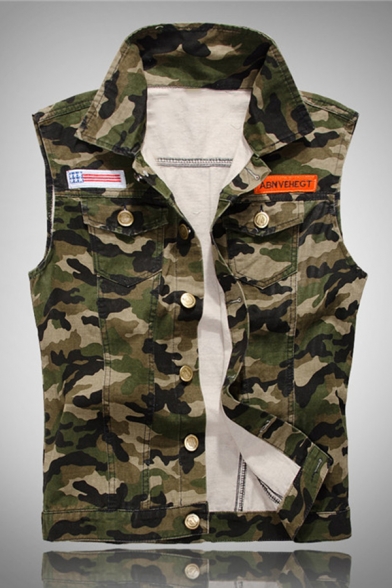 ABNVEHEGT Letter Patch Camouflage Pattern Sleeveless Lapel Collar Single Breasted Fitted Green Jean Vest