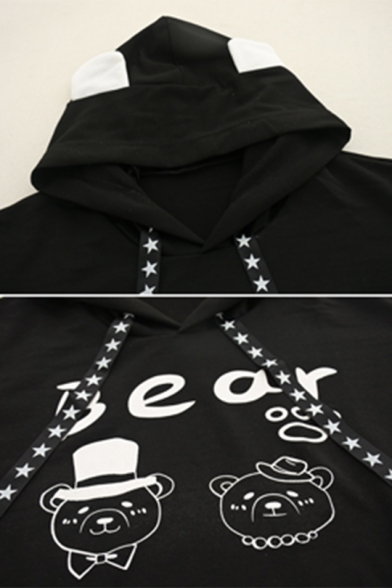 BEAR Print Star Drawstring Hood Colorblock Long Sleeve Kangaroo Pocket Loose Fit Graphic Hoodie