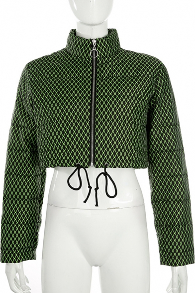 Black and Green Grids Print High Collar Long Sleeve Drawstring Hem Zipper Cropped Down Coat