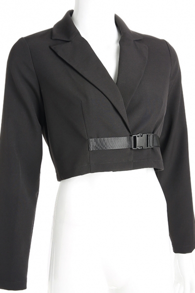 Black Notched Lapel Long Sleeve Push Buckle Belted Casual Blazer Coat for Ladies