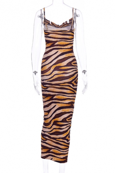 Classic Tiger Printed Sleeveless Slim Fit Sexy Maxi Cami Dress for Women