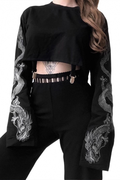 Cool Dragon Printed Long Sleeve Loose Black Cropped Sweatshirt for Women