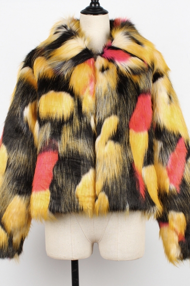 Female Fashionable Colorful Lapel Collar Long Sleeve Faux-Fur Short Coat Jacket