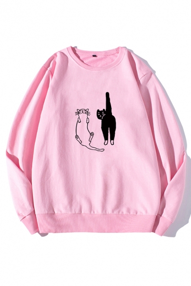 Funny Cats Pattern Long Sleeve Round Neck Loose Relaxed Pullover Sweatshirt