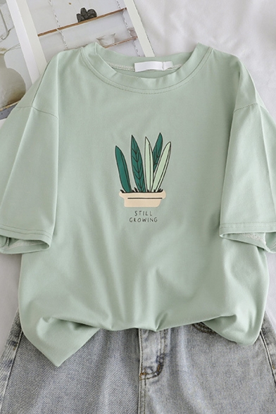 Girls Cute Plant Pattern Letter STILL GROWING Short Sleeve Casual T-Shirt