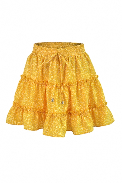 Girls Fashionable Floral Printed Drawstring Waist Ruffle Detail Mini A-Line Casual Skirt