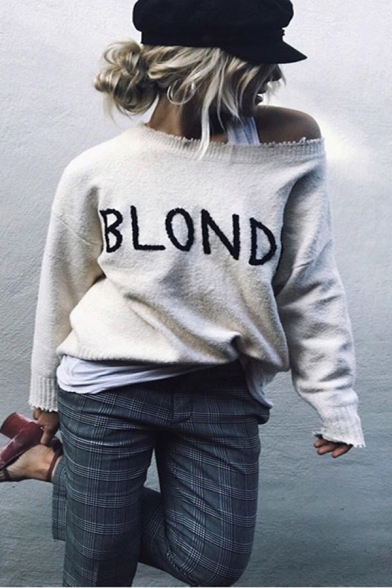 Girls Popular BLONDE Letter Embroidery Printed Long Sleeve Knitted Sweater Jumper Top