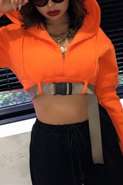 Hot Popular Orange Zipper Front Push Buckle Belt Cropped Hoodie for Women