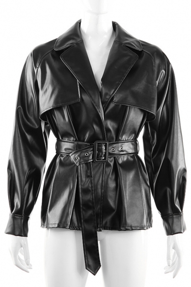 Black Notched Lapel Elastic Cuff Belted PU Leather Trench Coat