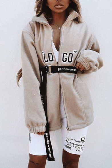 Hot Style LOGO Letter Printed High Collar Long Sleeve Longline Khaki Zipper Casual Loose Cashmere Coat