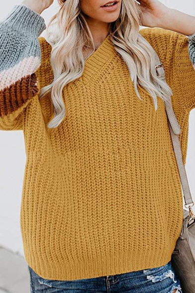 Ladies Casual Striped Balloon Long Sleeve V-Neck Chunky Knit Oversized Pullover Sweater