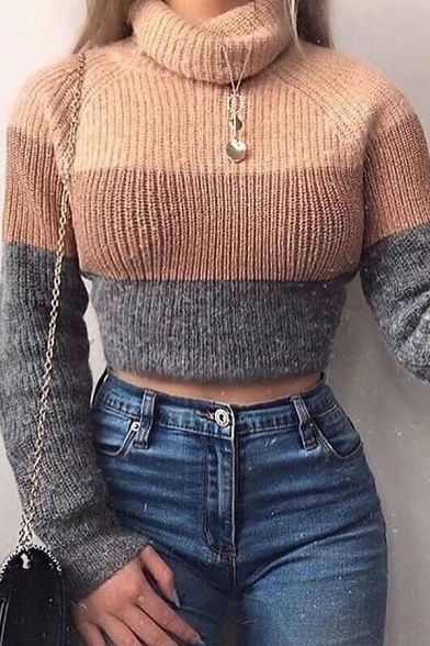 Ladies Winter Popular Contrast Stripe Long Sleeve Turtle Neck Slim Fit Cropped Knit Pullover Sweater