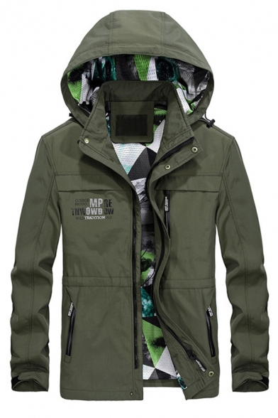 Mens Spring Popular Army Green Letter Print Waterproof Long Sleeve Zip Up Hooded Track Jacket Coat