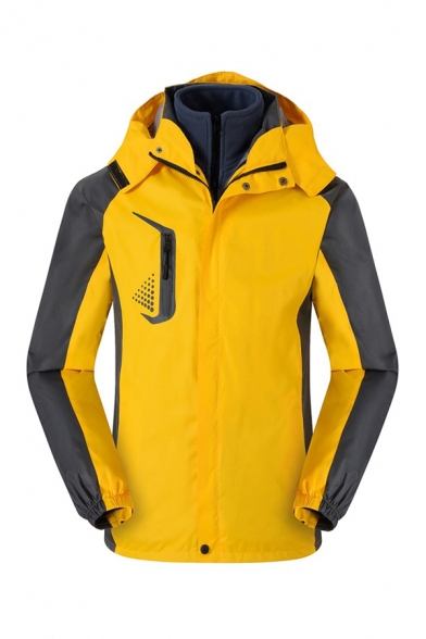 Mens Stylish Colorblock Long Sleeve Zip Closure Detachable Hood 3 in 1 Jacket Outdoor Sports Outerwear