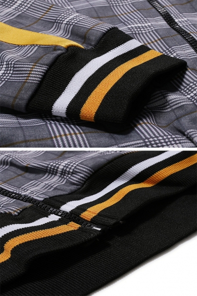 Mens Unique Checked Pattern Long Sleeve Stand Collar Striped Trim Zip Up Slim Fit Casual Varsity Baseball Jacket Coat